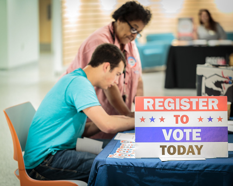 A young Pennsylvanian registering to vote at a LWV event