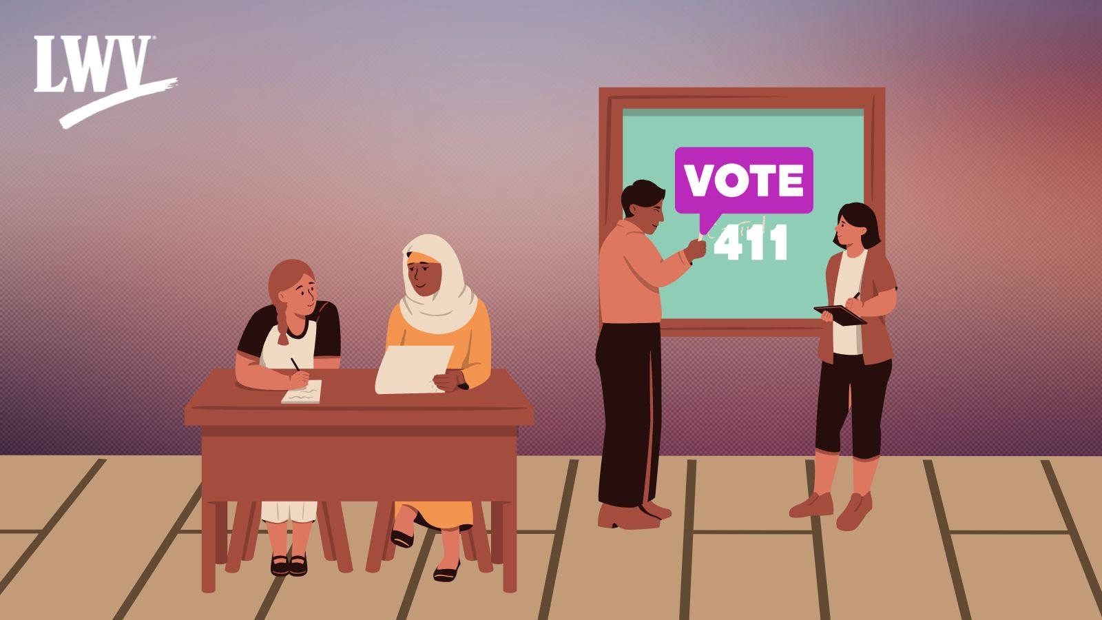 Cartoon of several people in a classroom with a desk and blackboard. The blackboard has a VOTE411 logo.